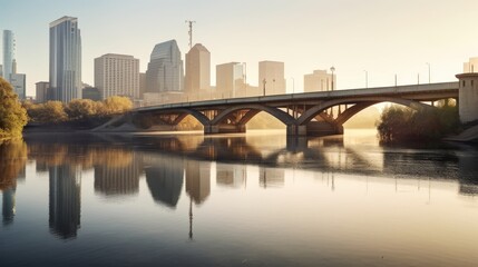 Beautiful Urban Skyline Reflected in Calm River at Sunrise