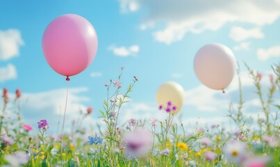 Fototapeta premium Whimsical pastel-colored balloons floating above a field of blooming wildflowers under a bright blue sky, soft focus background,