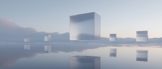 Digital illustration of a group of skyscrapers floating on top of a body of water. the sky is a light blue color with a few clouds scattered across it.