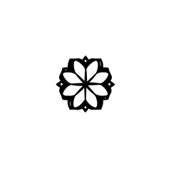 Bold, stylized black and white flower emblem of radial symmetry on white backdrop.