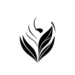 Abstract minimalist design of a leaf-like figure against white. A black and white representation of a stylized shape suggestive of leaves or wings.