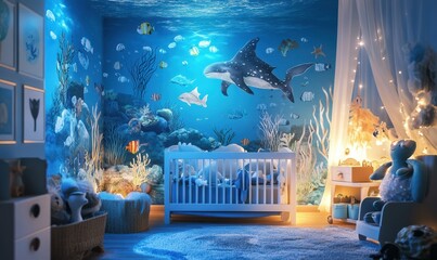 Whimsical underwater-themed children's room with sea creature decals and soft blue lighting, creating a dreamy aquatic adventure.