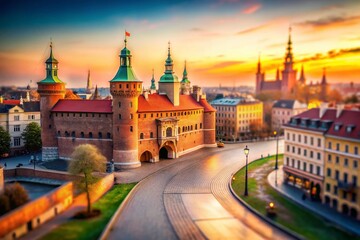 Fototapeta premium Krakow Barbican Dawn: Tilt-Shift Polish Cityscape Travel Photography