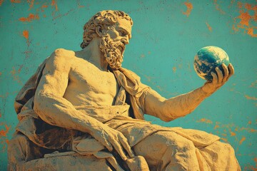 Digital painting of Atlas, the Greek God, holding a globe in his hand, available as stock