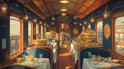 Luxurious Dining Car Experience on a Vintage Train Ride Through Scenic Landscapes