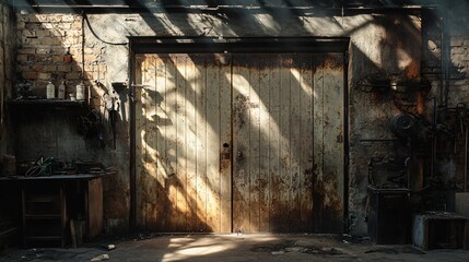 Sunlit Rustic Workshop Door and Tools