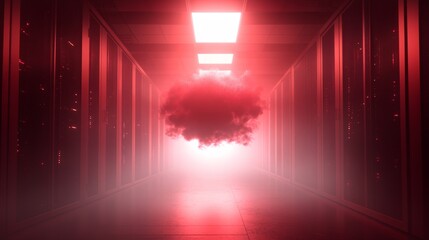 A digital interface in the shape of a cloud hovered over rows of server racks in a high-tech server room, representing the transition from on-premises to cloud-based systems