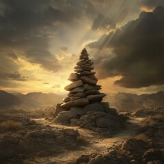Rock Cairn Under Dramatic Sky A Stone Monument in Desert Landscape at Sunset Artistic Scenery