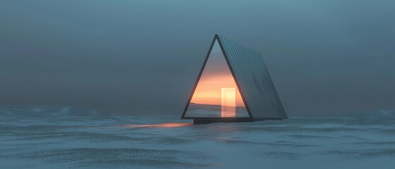 Digital illustration of a triangular structure in the middle of a vast ocean. the structure is made up of a series of vertical lines that form a triangular shape, with a small opening in the center.