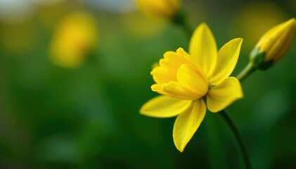 Yellow bloom on dark green stem with tightly closed buds, spring, dark green stem