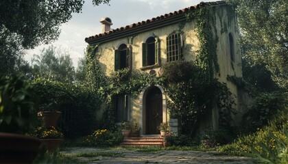 Obraz premium Serene Mediterranean Villa Facade With Lush Ivy Growth Creating Picturesque Outdoor Aesthetics