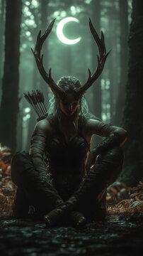 Mystical Artemis in Moonlit Forest Background