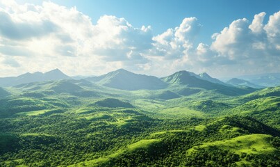 Fototapeta premium Scenic mountain landscape with lush greenery and clear blue skies, capturing the beauty of untouched nature and wide-open spaces.