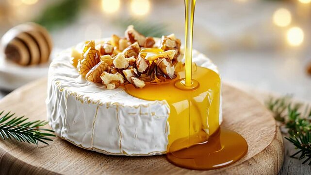 Creamy brie cheese with honey and walnuts on rustic wooden board.