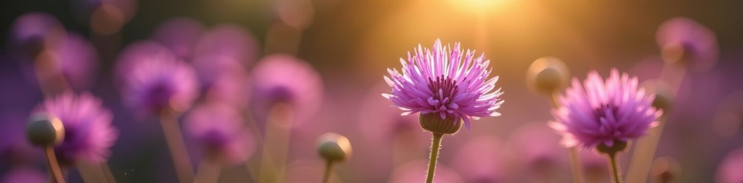 Close up of delicate purple mulla mulla flowers in soft sunlight, petals, environment