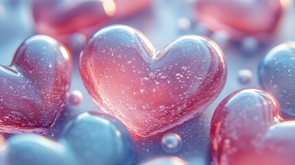Obraz premium Colorful glass hearts with bubbles on a shimmering surface