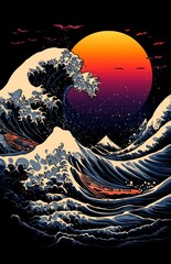 The painting shows a mountain range, a big wave, and the sun in the sky, evoking a serene and peaceful mood