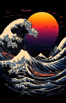 The painting shows a mountain range, a big wave, and the sun in the sky, evoking a serene and peaceful mood