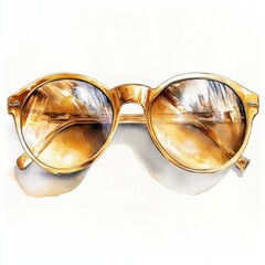 Round Golden Sunglasses with Reflected Sky and Building Architecture on White Background Art Drawing