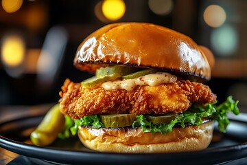 Fried chicken sandwich with pickles, lettuce, and creamy sauce