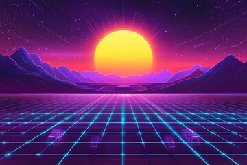 Retro Cyberpunk Sunset Landscape 80s Synthwave Grid, Mountains & Neon