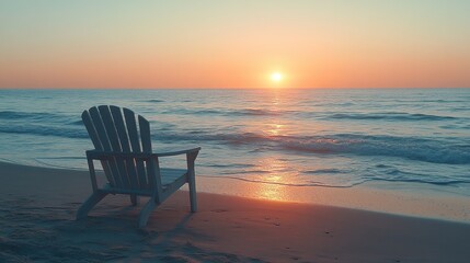 A tranquil beach scene, where a weathered wooden lounge chair, its faded cushions inviting comfort, faces the vast, cerulean ocean at sunset, its silhouette framed by the warm glow of the setting