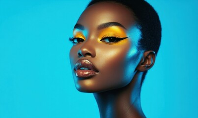 Young woman with radiant skin and bold makeup, soft studio lighting highlighting her features against a vivid blue backgroun