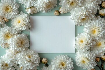 On a light green background, a blank white card mockup is beautifully surrounded by white daisies and green leaves to form an elegant wedding invitation card design