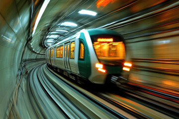 Fototapeta premium Fast Subway Train in Tunnel with Motion Blur Background