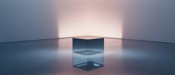 Empty room with a square-shaped cube in the center. the cube is made of transparent glass and is placed on a concrete floor.