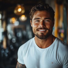 Fototapeta premium Smiling Man Portrait in Gym Ambience with White Tee Shirt and a Confident Expression on Face