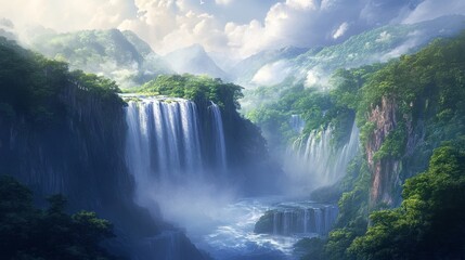 Fototapeta premium Serene Waterfall Cascading Through Lush Green Forest Landscape