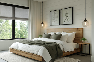 Modern Minimalist Bedroom with Rustic Wood Bed Frame and Natural Light