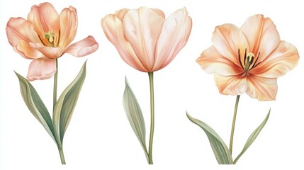 Obraz premium Trio of Soft Peach Tulips in Full Bloom against White Background Artistic Floral Arrangement