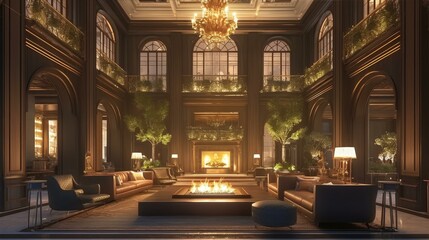 Sumptuous Sitting Room with Central Fireplace Lounge Area and Arched Windows Interior Ambiance
