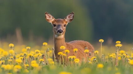Young Deer in Dandelion Field