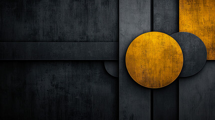 Mustard and Slate Layered Brushstroke Art with Halftone Circles and Grunge Patina for Abstract Wallpaper
