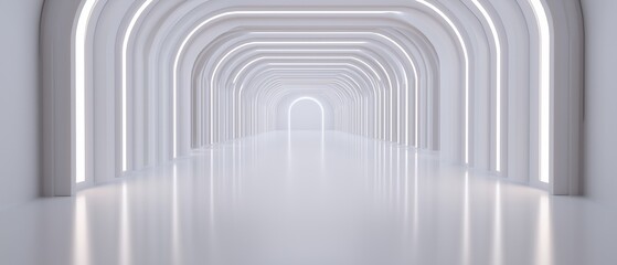 Naklejka premium Long, straight corridor with a high ceiling. the corridor is made up of multiple arches that are arranged in a way that creates a tunnel-like shape.