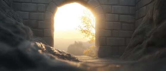 Archway in a stone wall, with the sun shining through it. the archway is made of gray stone and is surrounded by large rocks on either side.