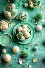 Golden confetti adorns a bright green background that showcases honeycomb paper cutouts of clover leaves, embodying the spirit of Happy St Patrick's Day