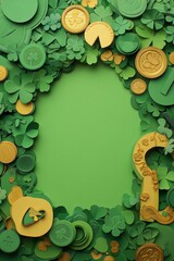 A flat lay composition of green shamrocks, gold coins, and a horseshoe on a green background is the focal point of this St. Patrick's Day frame