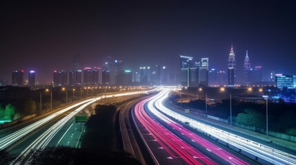 Fototapeta premium Nighttime City Skyline with Light Trails on Busy Urban Highway