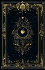 A detailed and intricate blue and gold design decorates the night sky, which is dotted with countless stars and planets