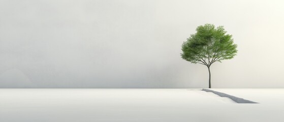 Obraz premium Single tree standing alone in the middle of a plain white room. the tree is tall and slender with a thin trunk and green leaves.