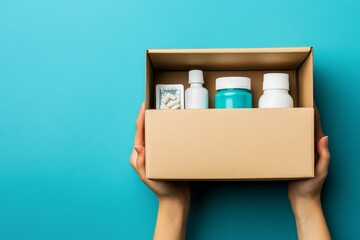 A blue background serves as the backdrop for a medical supplies box containing a variety of items such as pills, bottles, bandages, and a heart-shaped object, perfect for representing healthcare,