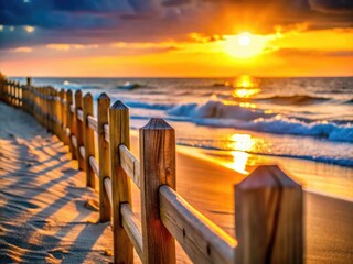 Obraz premium Romantic sunset paints a blurred coastal scene, wooden fence framing idyllic beach bokeh.