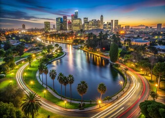 Naklejka premium Long Exposure Aerial of Echo Park Over Downtown Los Angeles Skyline, California