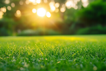 Naklejka premium Beautiful green grass on the lawn, with a blurred background of sunlight in a park or garden at sunset.