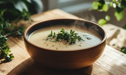Creamy soup garnished with herbs in a wooden bowl, steaming.