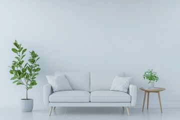 Minimalist White Sofa Living Room Interior Design Mockup with Plants